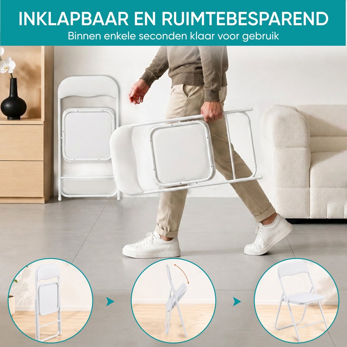 Witte klapstoel in enkele seconden ingeklapt