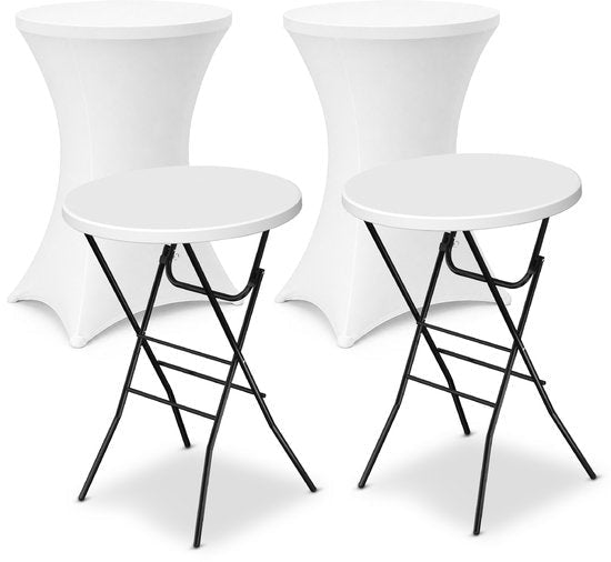 Twee witte statafels met en zonder statafelhoes