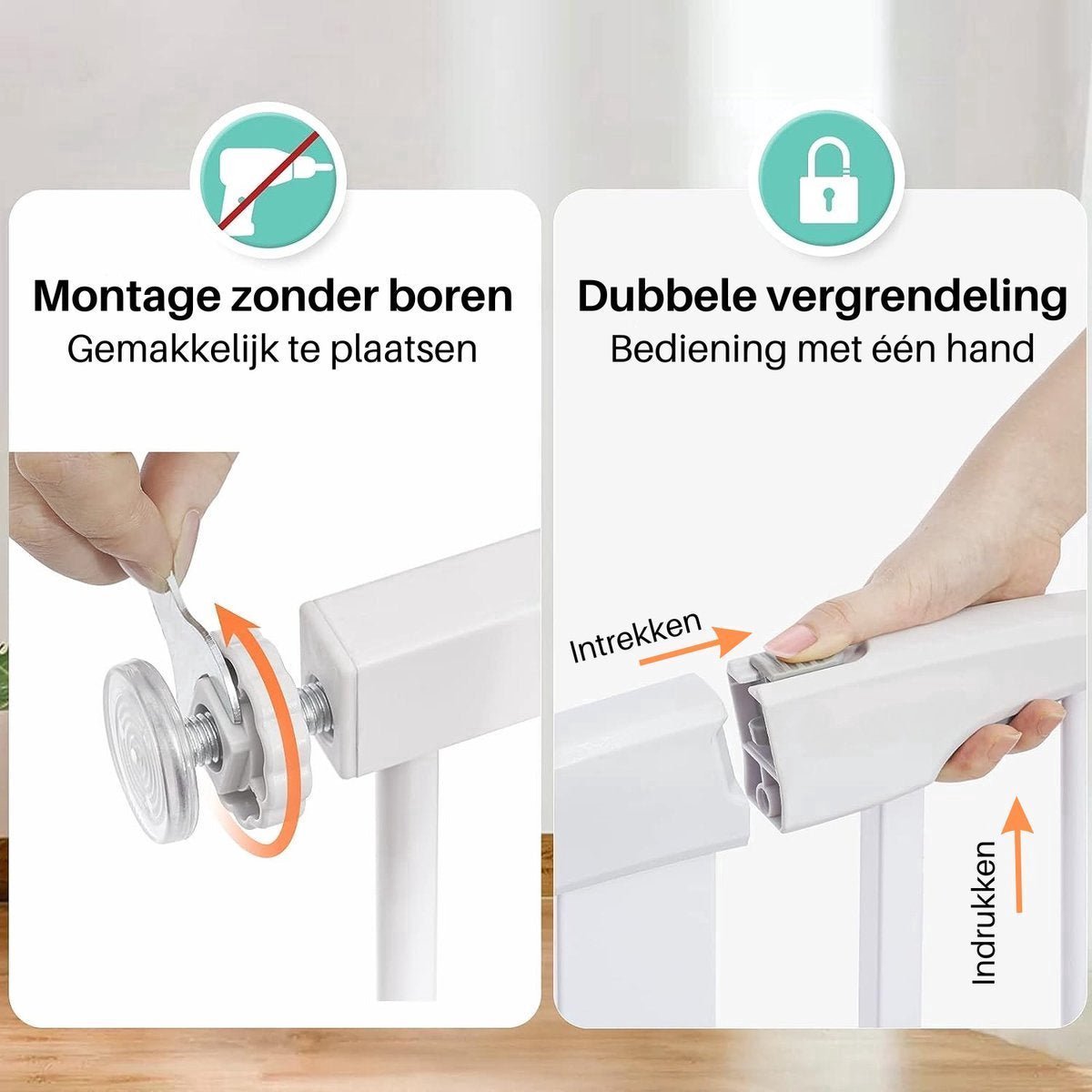 Klemmontage zonder boren en vergrendeling met één hand (wit hek afgebeeld)