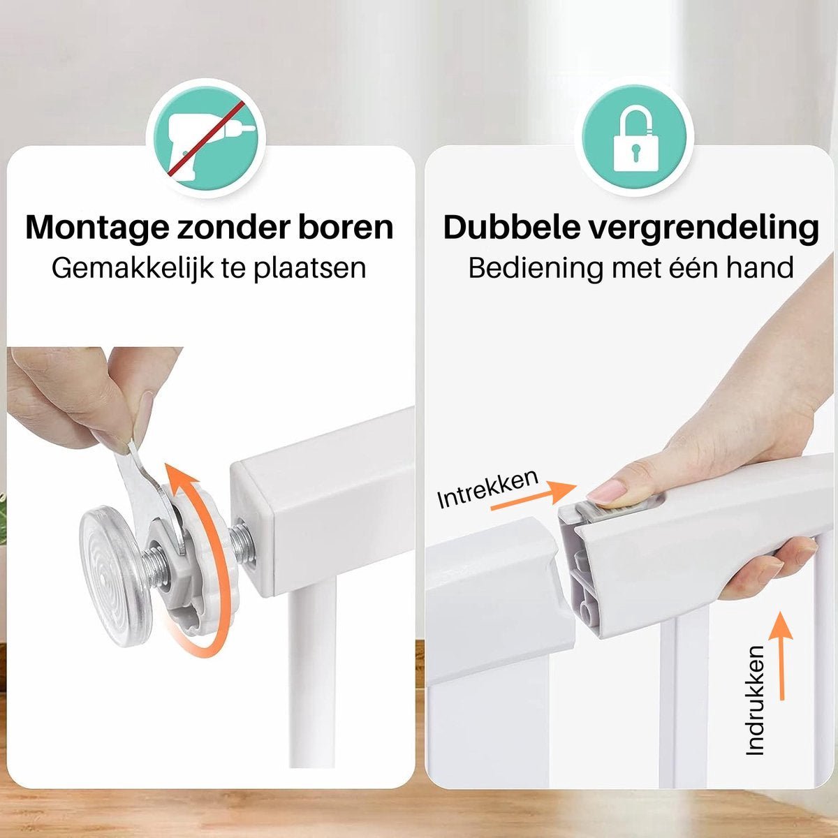 Klemmontage zonder boren en vergrendeling met één hand (wit hek afgebeeld)