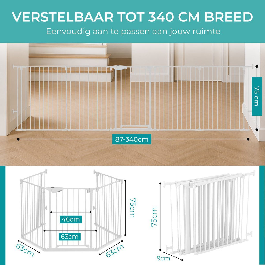 Wit veiligheidshek – verstelbaar tot 340 cm breed, met afmetingen