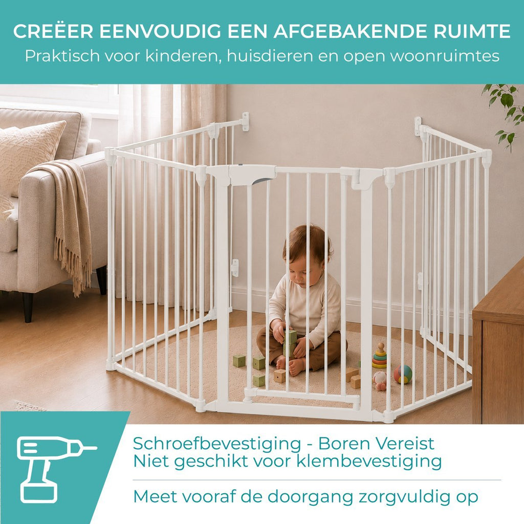 Wit veiligheidshek als afgebakende speelruimte met kind – schroefbevestiging, boren vereist