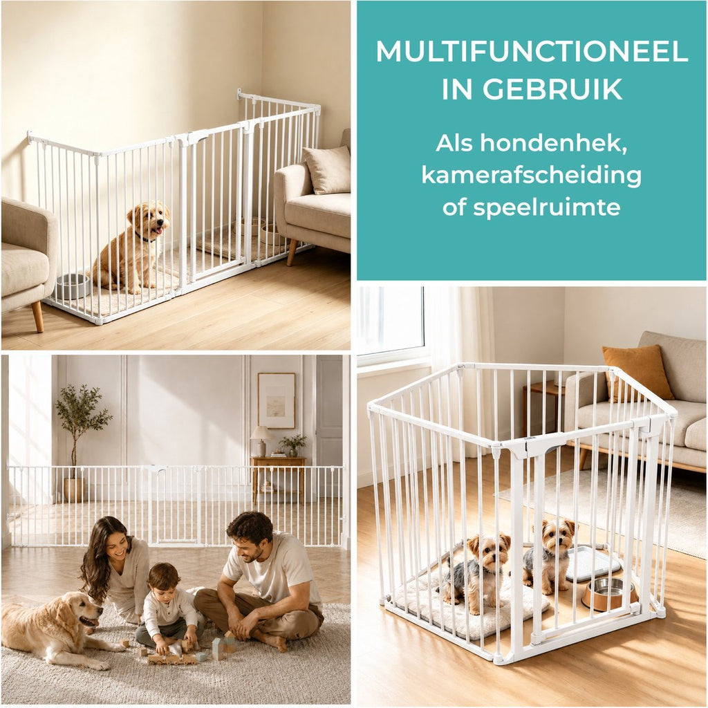 Wit veiligheidshek als hondenhek, kamerafscheiding of speelruimte