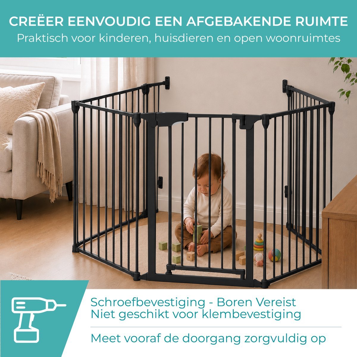 Zwart veiligheidshek als afgebakende speelruimte met kind – schroefbevestiging, boren vereist