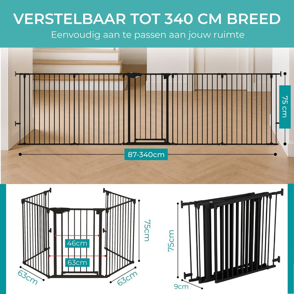 Zwart veiligheidshek – verstelbaar tot 340 cm breed, met afmetingen