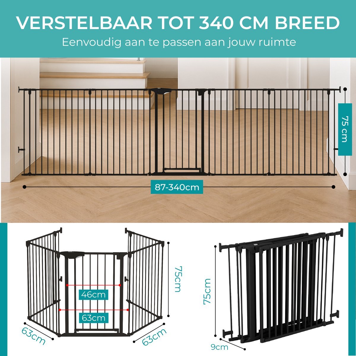 Zwart veiligheidshek – verstelbaar tot 340 cm breed, met afmetingen