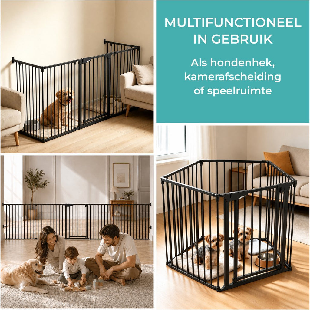 Zwart veiligheidshek als hondenhek, kamerafscheiding of speelruimte